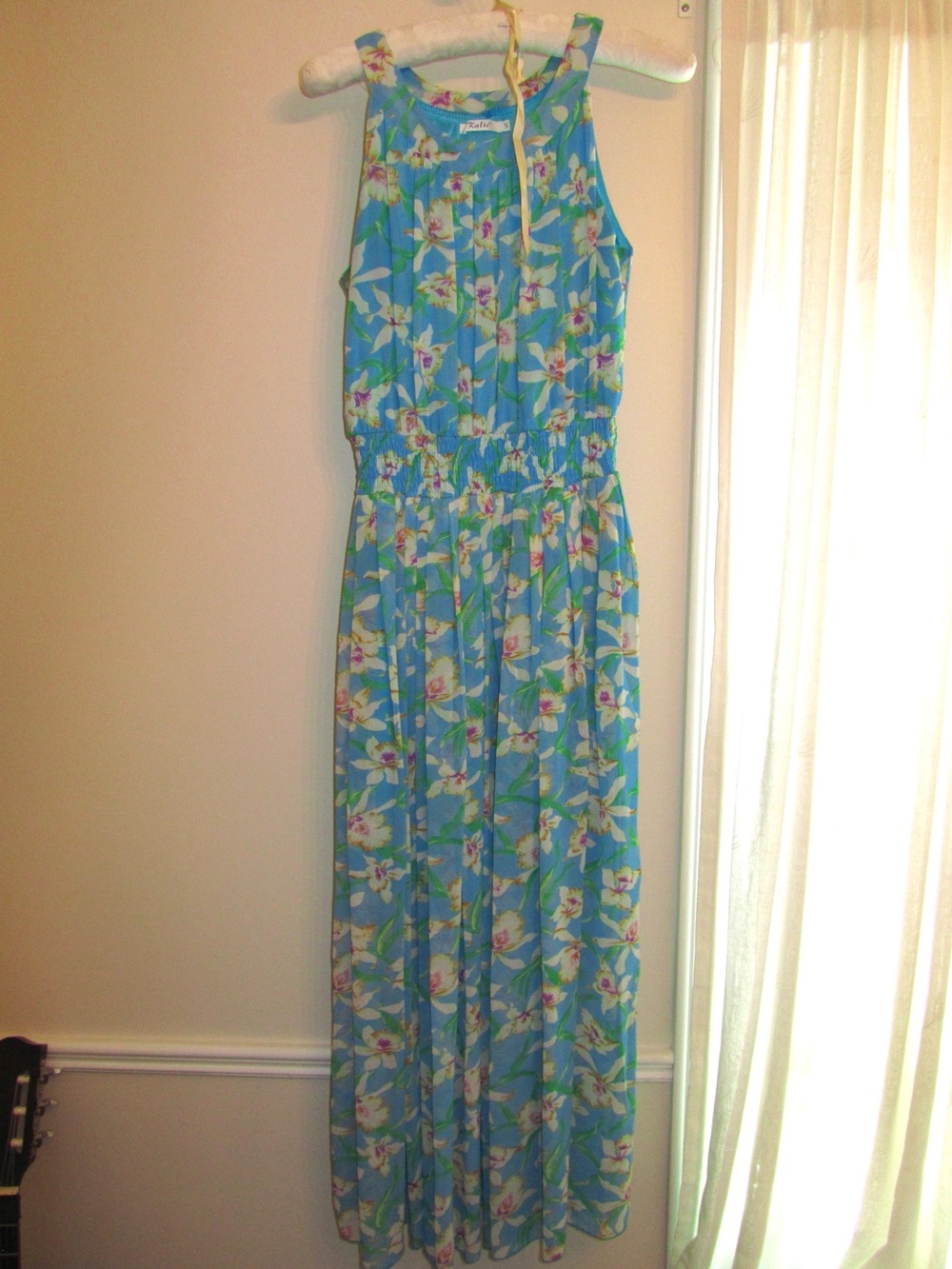 Blue Floral Maxi Dress with Elastic Waist